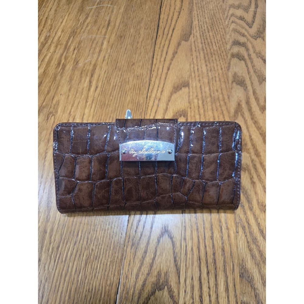 Liz Claiborne Brown Faux Croc Wallet Checkbook Organizer Long Clutch Card Holder